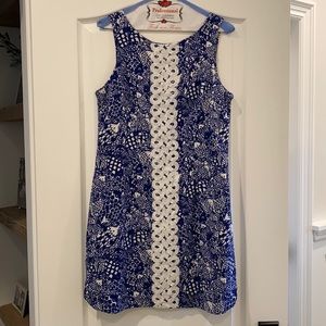 Lily Pulitzer, blue & white dress white hot pink zipper down the back, size 10.